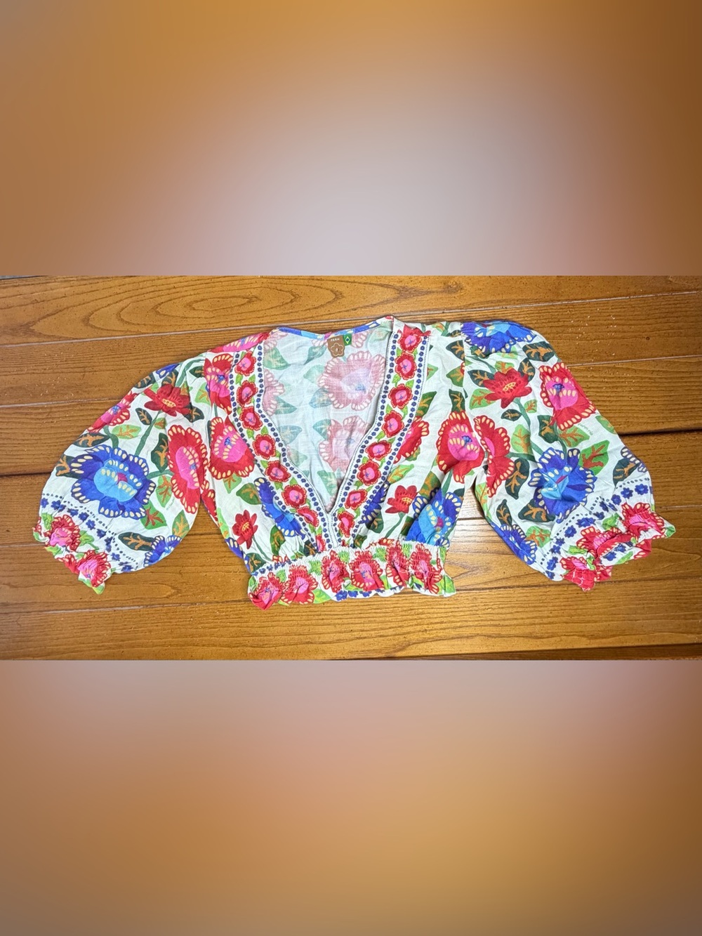 FARM Rio Vibrant Floral Puff Sleeve Crop Top 🌺 Size P (Small)